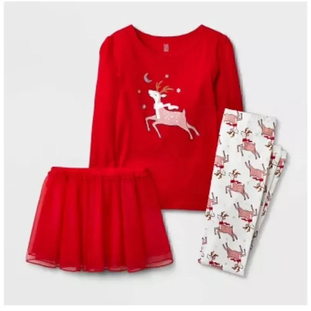 Nwt Girls' Reindeer Tutu Pajama Set - White/Red